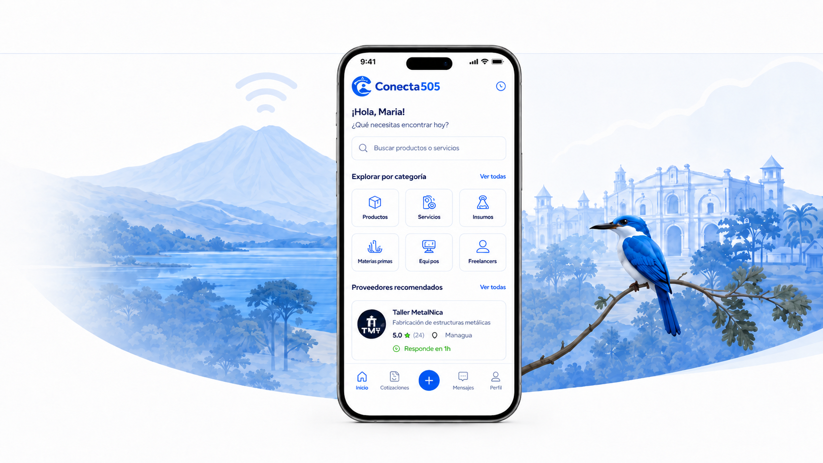 Conecta505 app y paisaje de Nicaragua